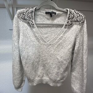 White House Black Market Light Gray V-Neck Sweater with Embellishments